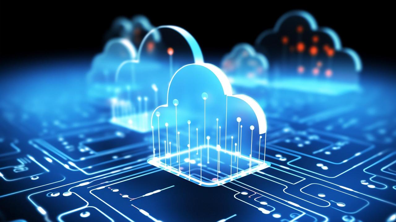 Digital illustration showing multiple interconnected cloud icons with data lines, symbolizing networked cloud services.