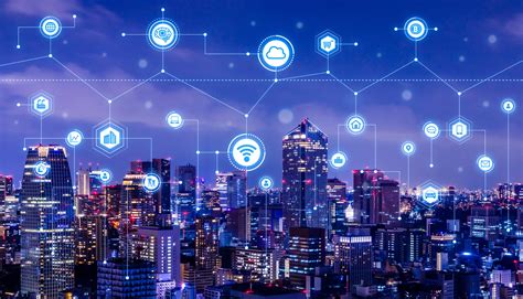 A nighttime cityscape illuminated with glowing lines and interconnected technology icons, depicting a smart city or IoT network.