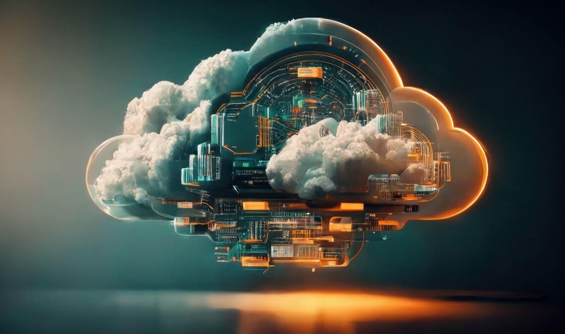 A conceptual image of a computing cloud, merging the natural cloud form with intricate electronic circuitry and light effects.