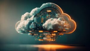 A conceptual image of a computing cloud, merging the natural cloud form with intricate electronic circuitry and light effects.