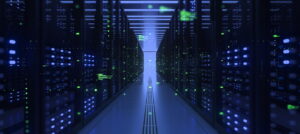 A symmetric perspective of an empty data center aisle, flanked by illuminated server cabinets on both sides, creating a tunnel effect and emphasizing scale and technology.