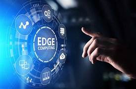 A person interacting with a futuristic holographic display focused on "Edge Computing," surrounded by symbols indicating different technological components and applications.