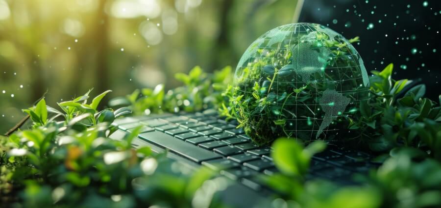 A laptop integrated with natural elements like a mossy globe and green plants, conveying concepts of eco-friendly computing and sustainable innovation.