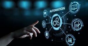 A conceptual image of process automation, where a hand interacts with a holographic interface displaying an "Automation" hub and related business process icons.