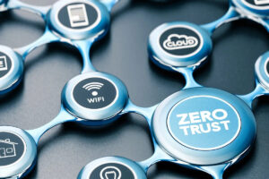 Conceptual image of a secure digital ecosystem, emphasizing Zero Trust principles within a network of cloud and connectivity services.