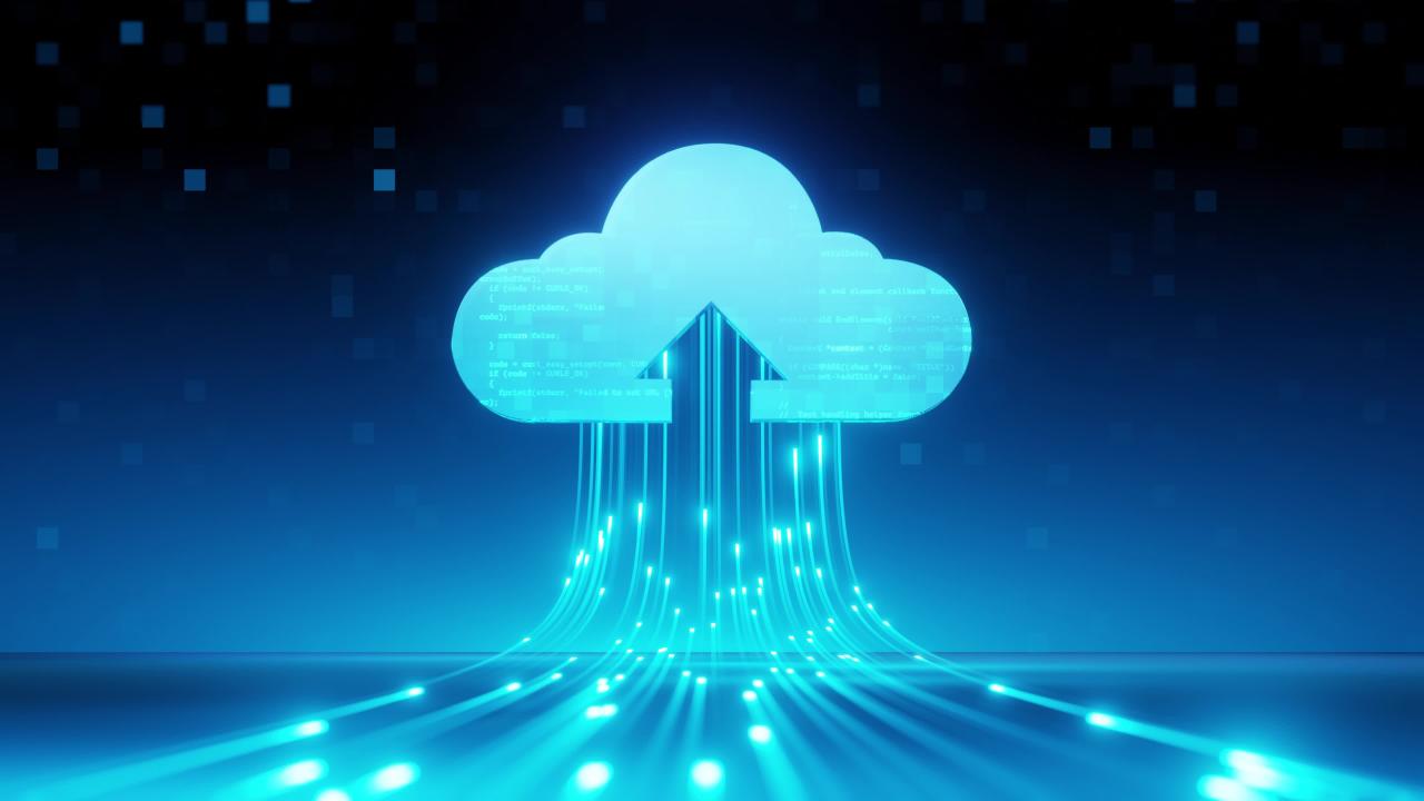 An abstract digital rendering of data flowing into a cloud, representing cloud computing and network transfer.