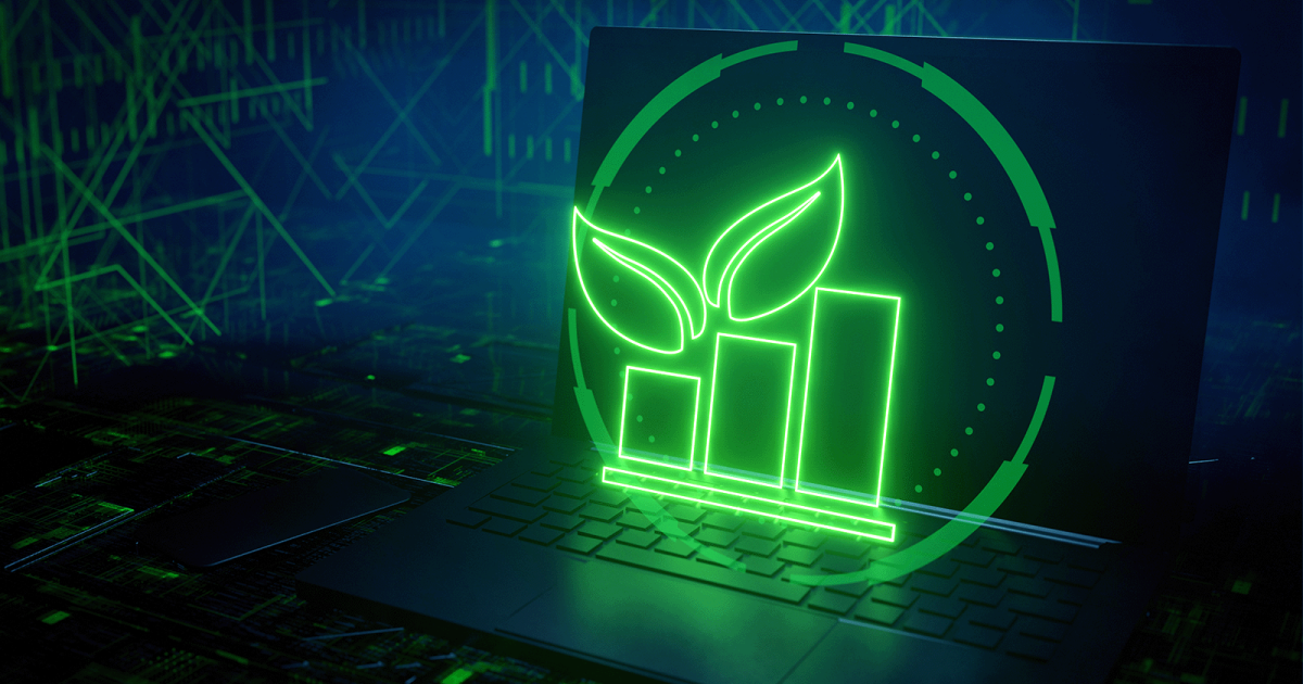 A conceptual image of environmental data or green tech, showing a neon green plant graph on a laptop screen with a dark, interconnected digital backdrop.