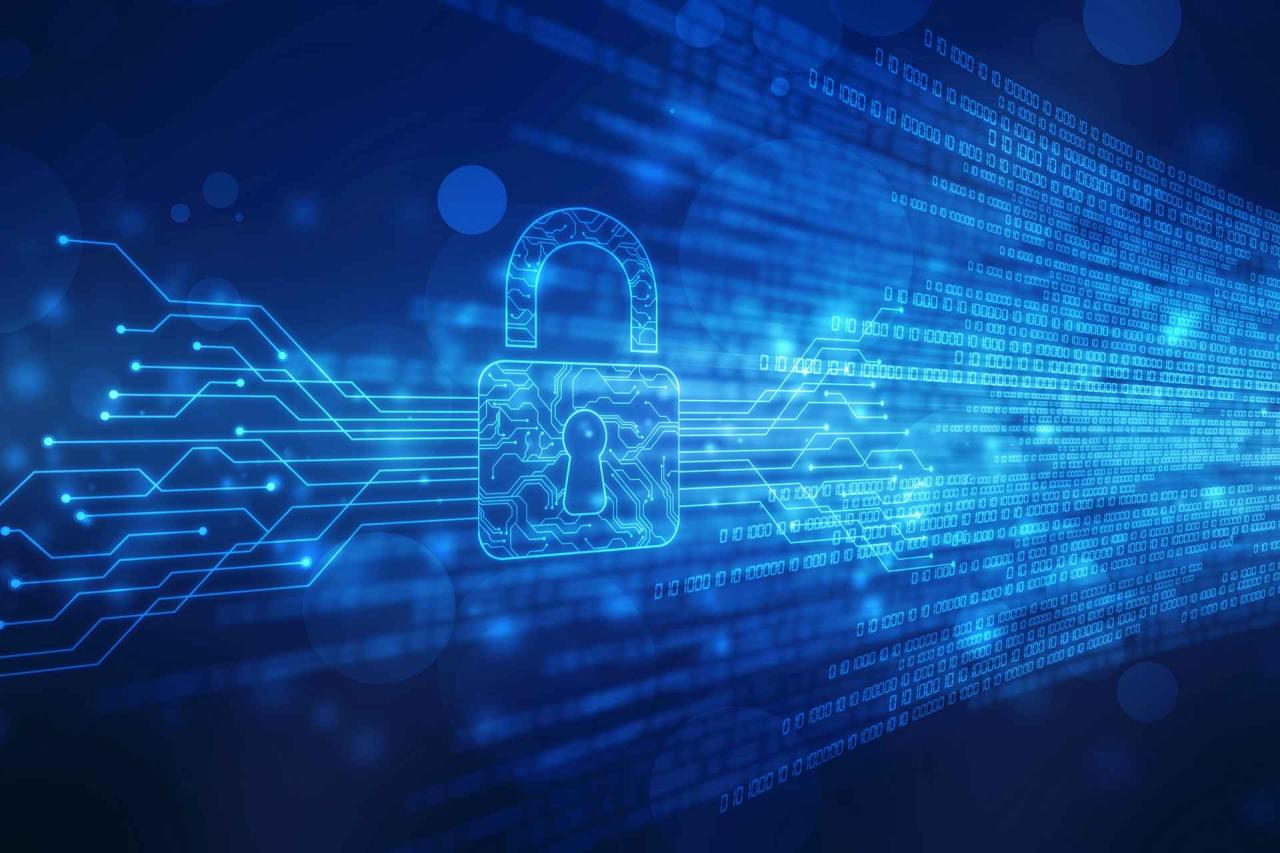An abstract cybersecurity image featuring a futuristic padlock icon within a network of glowing blue lines, alongside streams of binary data.